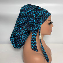 Load image into Gallery viewer, Niceroy Satin Lined Ponytail  PONY SCRUB CAP, black, blue  Ankara cotton fabric surgical scrub hat nursing caps, for locs /Long Hair