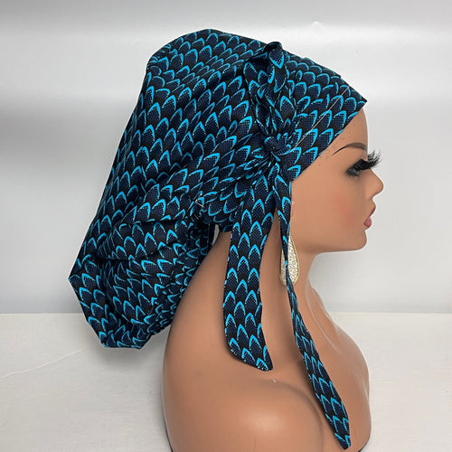 Niceroy Satin Lined Ponytail  PONY SCRUB CAP, black, blue  Ankara cotton fabric surgical scrub hat nursing caps, for locs /Long Hair