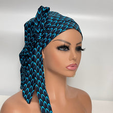 Load image into Gallery viewer, Niceroy Satin Lined Ponytail  PONY SCRUB CAP, black, blue  Ankara cotton fabric surgical scrub hat nursing caps, for locs /Long Hair