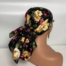 Load image into Gallery viewer, Niceroy Satin Lined Ponytail  PONY SCRUB CAP, black floral cotton fabric surgical scrub hat pony nursing caps and for locs /Long Hair