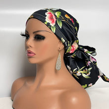 Load image into Gallery viewer, Niceroy Satin Lined Ponytail PONY SCRUB CAP, black floral bridal satin fabric surgical scrub hat pony nursing caps and for locs /Long Hair