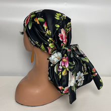 Load image into Gallery viewer, Niceroy Satin Lined Ponytail PONY SCRUB CAP, black floral bridal satin fabric surgical scrub hat pony nursing caps and for locs /Long Hair