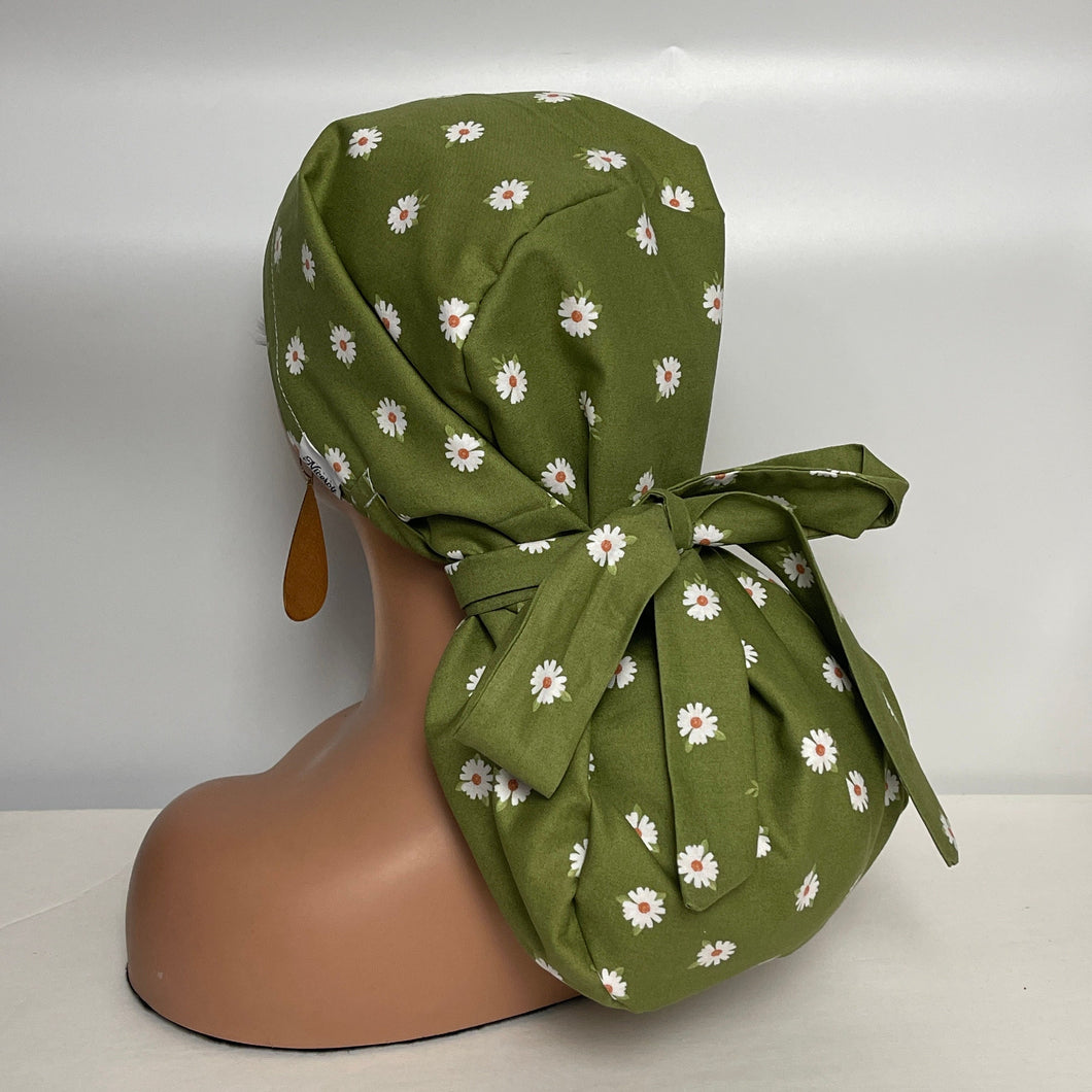 Niceroy Satin Lined Ponytail  PONY SCRUB CAP, Green Daisy flowers cotton fabric surgical scrub hat pony nursing caps and for locs/Long Hair