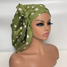 Load image into Gallery viewer, Niceroy Satin Lined Ponytail  PONY SCRUB CAP, Green Daisy flowers cotton fabric surgical scrub hat pony nursing caps and for locs/Long Hair