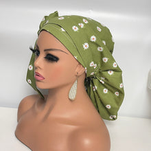 Load image into Gallery viewer, Niceroy Satin Lined Ponytail  PONY SCRUB CAP, Green Daisy flowers cotton fabric surgical scrub hat pony nursing caps and for locs/Long Hair