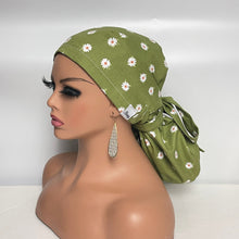 Load image into Gallery viewer, Niceroy Satin Lined Ponytail  PONY SCRUB CAP, Green Daisy flowers cotton fabric surgical scrub hat pony nursing caps and for locs/Long Hair