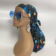 Load image into Gallery viewer, Niceroy Satin Lined Dread Locs and Long braids HAT Cap, Long pony style nursing scrub caps made with solar system fabric