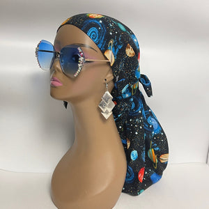 Niceroy Satin Lined Dread Locs and Long braids HAT Cap, Long pony style nursing scrub caps made with solar system fabric