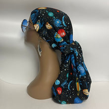 Load image into Gallery viewer, Niceroy Satin Lined Dread Locs and Long braids HAT Cap, Long pony style nursing scrub caps made with solar system fabric