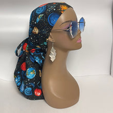 Load image into Gallery viewer, Niceroy Satin Lined Dread Locs and Long braids HAT Cap, Long pony style nursing scrub caps made with solar system fabric