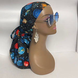 Niceroy Satin Lined Dread Locs and Long braids HAT Cap, Long pony style nursing scrub caps made with solar system fabric