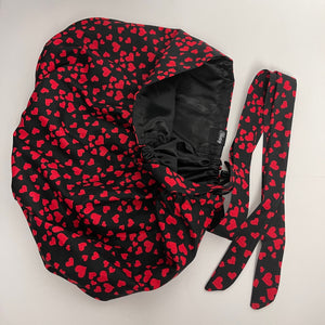 Niceroy Satin Lined 2XL JUMBO PONY SCRUB Cap black red heart love cotton fabric  nursing hat for Extra long/thick Hair/Locs