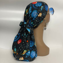 Load image into Gallery viewer, Niceroy Satin Lined Dread Locs and Long braids HAT Cap, Long pony style nursing scrub caps made with solar system fabric