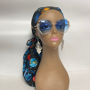 Niceroy Satin Lined Dread Locs and Long braids HAT Cap, Long pony style nursing scrub caps made with solar system fabric