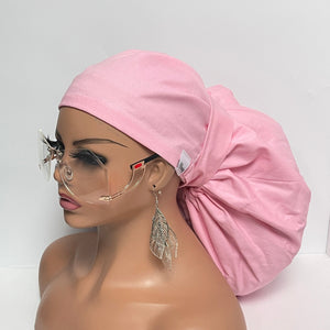 Niceroy Satin Lined 2XL JUMBO PONY SCRUB Cap, Baby Pink Solid cotton surgical nursing hat for Extra long/thick Hair/Locs