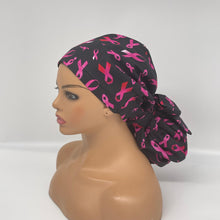 Load image into Gallery viewer, Niceroy Satin Lined Ponytail  PONY SCRUB CAP, Breast Cancer awareness pink ribbon cotton fabric surgical scrub hat black nursing caps, for locs/Long Hair