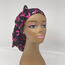 Load image into Gallery viewer, Niceroy Satin Lined Ponytail  PONY SCRUB CAP, Breast Cancer awareness pink ribbon cotton fabric surgical scrub hat black nursing caps, for locs/Long Hair