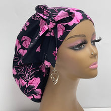 Load image into Gallery viewer, Niceroy Satin Lined Ponytail PONY SCRUB CAP, Black and pink cotton fabric surgical scrub hat  nursing caps  for locs /Long Hair