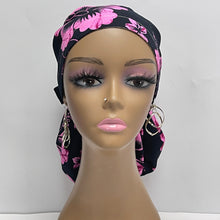 Load image into Gallery viewer, Niceroy Satin Lined Ponytail PONY SCRUB CAP, Black and pink cotton fabric surgical scrub hat  nursing caps  for locs /Long Hair