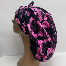 Load image into Gallery viewer, Niceroy Satin Lined Ponytail PONY SCRUB CAP, Black and pink cotton fabric surgical scrub hat  nursing caps  for locs /Long Hair