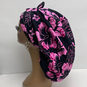 Niceroy Satin Lined Ponytail PONY SCRUB CAP, Black and pink cotton fabric surgical scrub hat  nursing caps  for locs /Long Hair