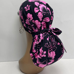 Niceroy Satin Lined Ponytail PONY SCRUB CAP, Black and pink cotton fabric surgical scrub hat  nursing caps  for locs /Long Hair