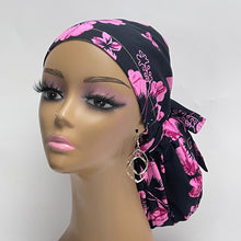 Load image into Gallery viewer, Niceroy Satin Lined Ponytail PONY SCRUB CAP, Black and pink cotton fabric surgical scrub hat  nursing caps  for locs /Long Hair