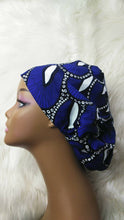 Load image into Gallery viewer, Niceroy Surgical SCRUB HAT CAP, Ankara Europe style nursing caps, 100% cotton fabric, satin lining option Royal blue and white African Print