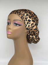Load image into Gallery viewer, Niceroy SCRUB HAT CAP, Adjustable silk satin surgical  Europe style nursing caps made with Cheetah Tan/Brown/Black satin fabric bonnet