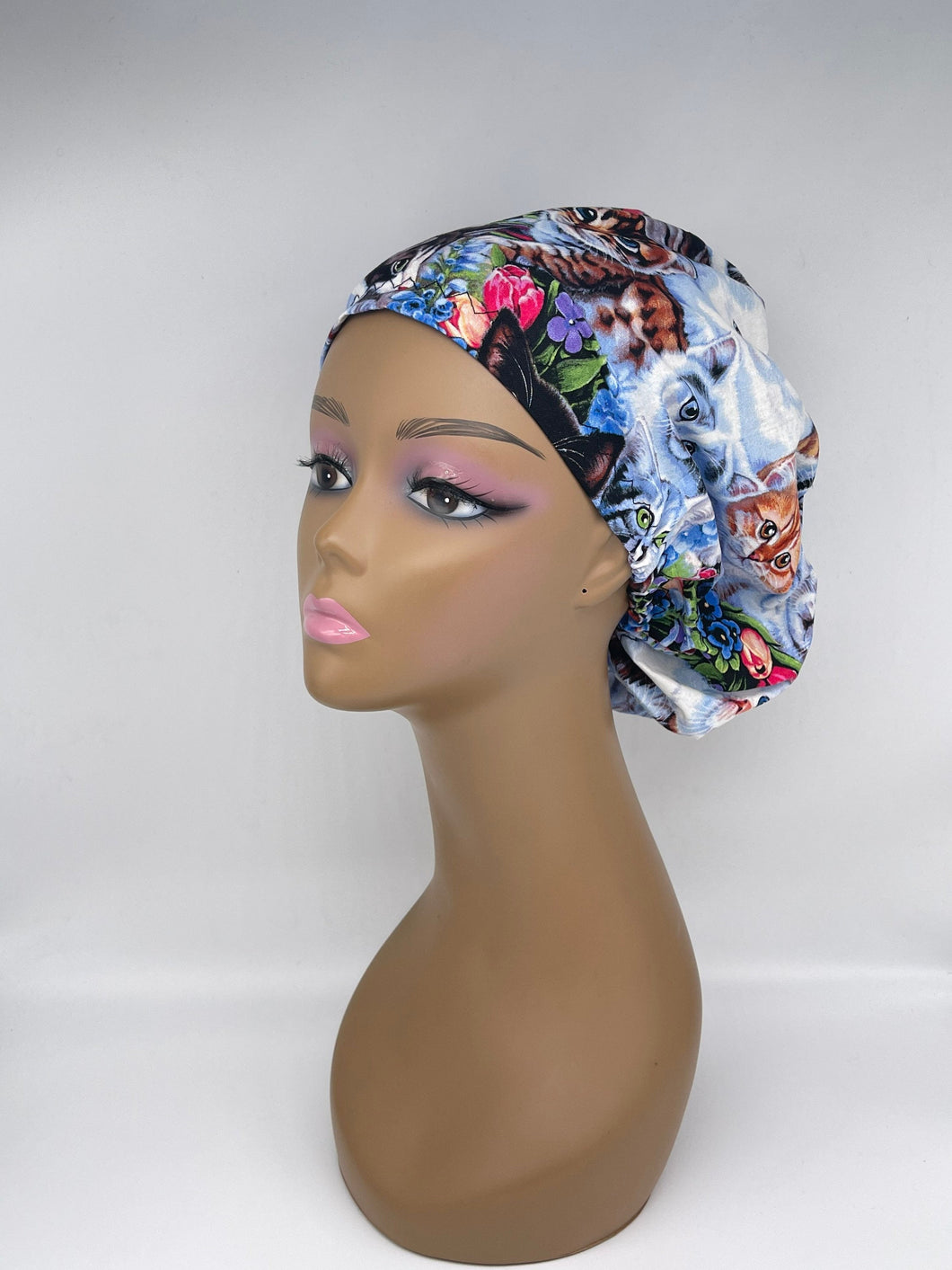 Niceroy surgical SCRUB HAT CAP,  Europe style nursing caps chemo cap made with Cat print fabric and satin lining option bonnet