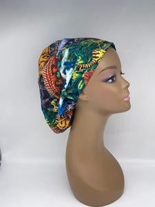 Niceroy surgical SCRUB HAT CAP, Europe style nursing caps made with Dinosaurs print fabric and satin lining option bonnet chemo cap