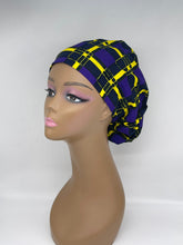 Load image into Gallery viewer, Niceroy surgical SCRUB HAT CAP,  Ankara Europe style nursing caps made with purple and yellow African print fabric and satin lining option