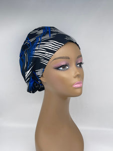 Niceroy surgical SCRUB HAT CAP,  Ankara Europe style nursing caps white, royal blue, black African print fabric and satin lining option