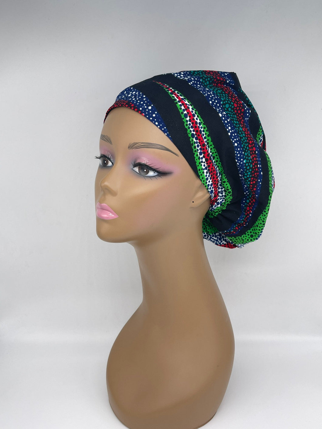 Niceroy surgical SCRUB HAT CAP,  Ankara Europe style nursing caps made with African print fabric and satin lining option Black green red