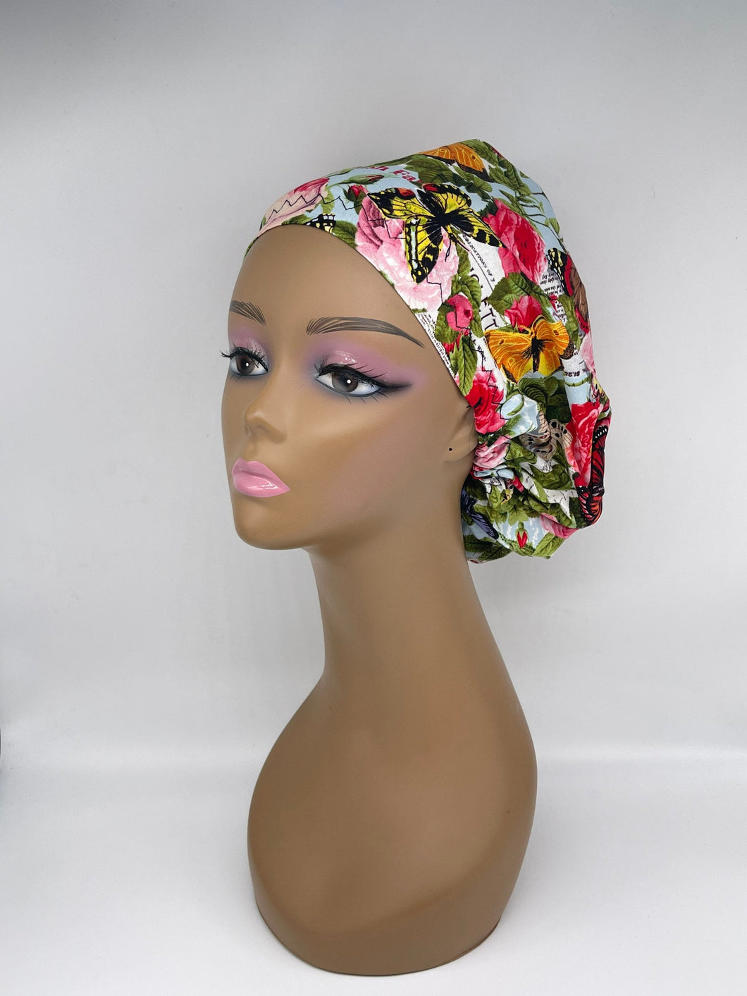 Niceroy surgical SCRUB HAT CAP, Europe style nursing caps made with floral butterfly Cotton fabric and satin lining option bonnet chemo hat