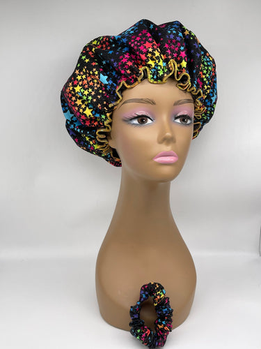 Bonnet for healthy hair care, Rainbow Stars bonnet with satin lining, reversible ruffle bonnet and scrunchies to match