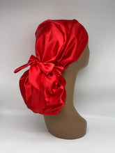 Load image into Gallery viewer, Niceroy Red Adjustable Satin SCRUB HAT CAP, Bonnet, nursing caps,  Pony hat for long hair, locs, braids, medical scrub cap