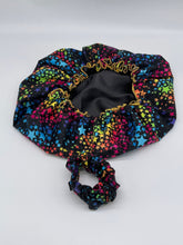 Load image into Gallery viewer, Bonnet for healthy hair care, Rainbow Stars bonnet with satin lining, reversible ruffle bonnet and scrunchies to match
