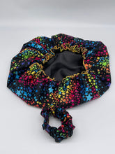 Load image into Gallery viewer, Bonnet for healthy hair care, Rainbow Stars bonnet with satin lining, reversible ruffle bonnet and scrunchies to match