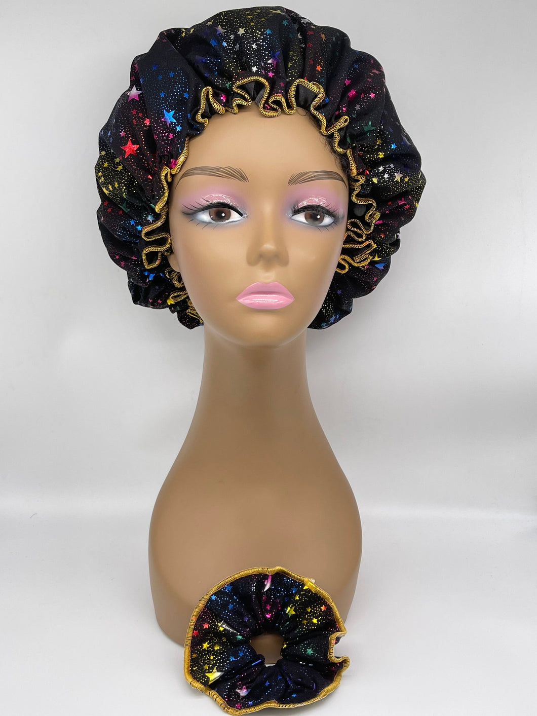 Bonnet for healthy hair care, Rainbow Stars bonnet with satin lining, reversible ruffle bonnet and scrunchies to match