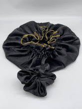 Load image into Gallery viewer, Reversible Ruffle Satin Bonnet for healthy hair and scrunchies to match