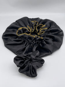 Reversible Ruffle Satin Bonnet for healthy hair and scrunchies to match