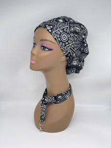 Niceroy surgical SCRUB HAT CAP, Black and white Europe Euro style nursing caps made with Cotton print fabric and satin lining option bonnet
