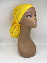 Load image into Gallery viewer, Adjustable PONY SCRUB CAP, Yellow solid cotton fabric surgical scrub hat pony nursing caps and satin lining option for locs /Long Hair