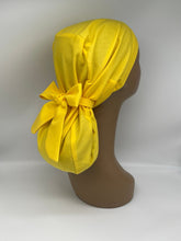 Load image into Gallery viewer, Adjustable PONY SCRUB CAP, Yellow solid cotton fabric surgical scrub hat pony nursing caps and satin lining option for locs /Long Hair