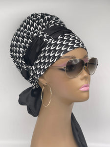 Niceroy satin lined Turban Hat with Satin scarf, Multipurpose Ankara Turban Hat, a gift for her, Black and White Muslim women Turban