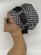 Load image into Gallery viewer, Niceroy satin lined Turban Hat with Satin scarf, Multipurpose Ankara Turban Hat, a gift for her, Black and White Muslim women Turban