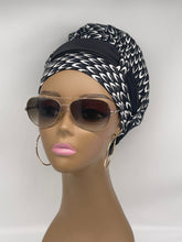 Load image into Gallery viewer, Niceroy satin lined Turban Hat with Satin scarf, Multipurpose Ankara Turban Hat, a gift for her, Black and White Muslim women Turban
