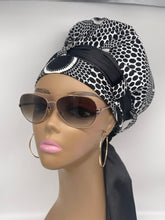 Load image into Gallery viewer, Niceroy satin lined Turban Hat with Satin scarf, Multipurpose Ankara Turban Hat, a gift for her, Black and White Fabric Muslim women Turban
