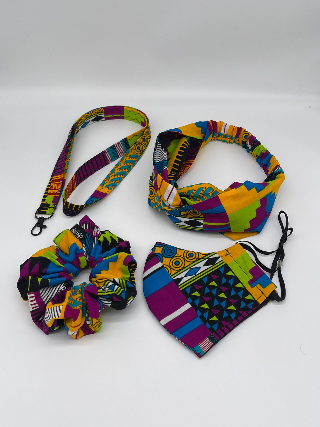 Niceroy kente Cotton fabric headband, Mask, lanyard and scrunchies gift set, gift for a friend, for her, for mom